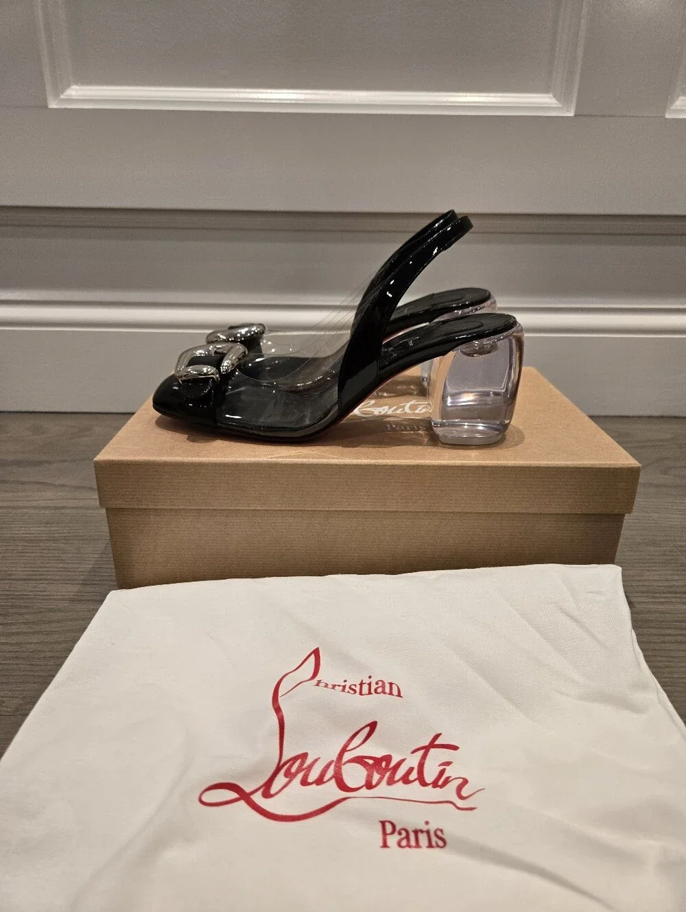 $1495 Christian Louboutin Black Minny Bubble 70 Buckle Slingback Pump 37.5 /7.5